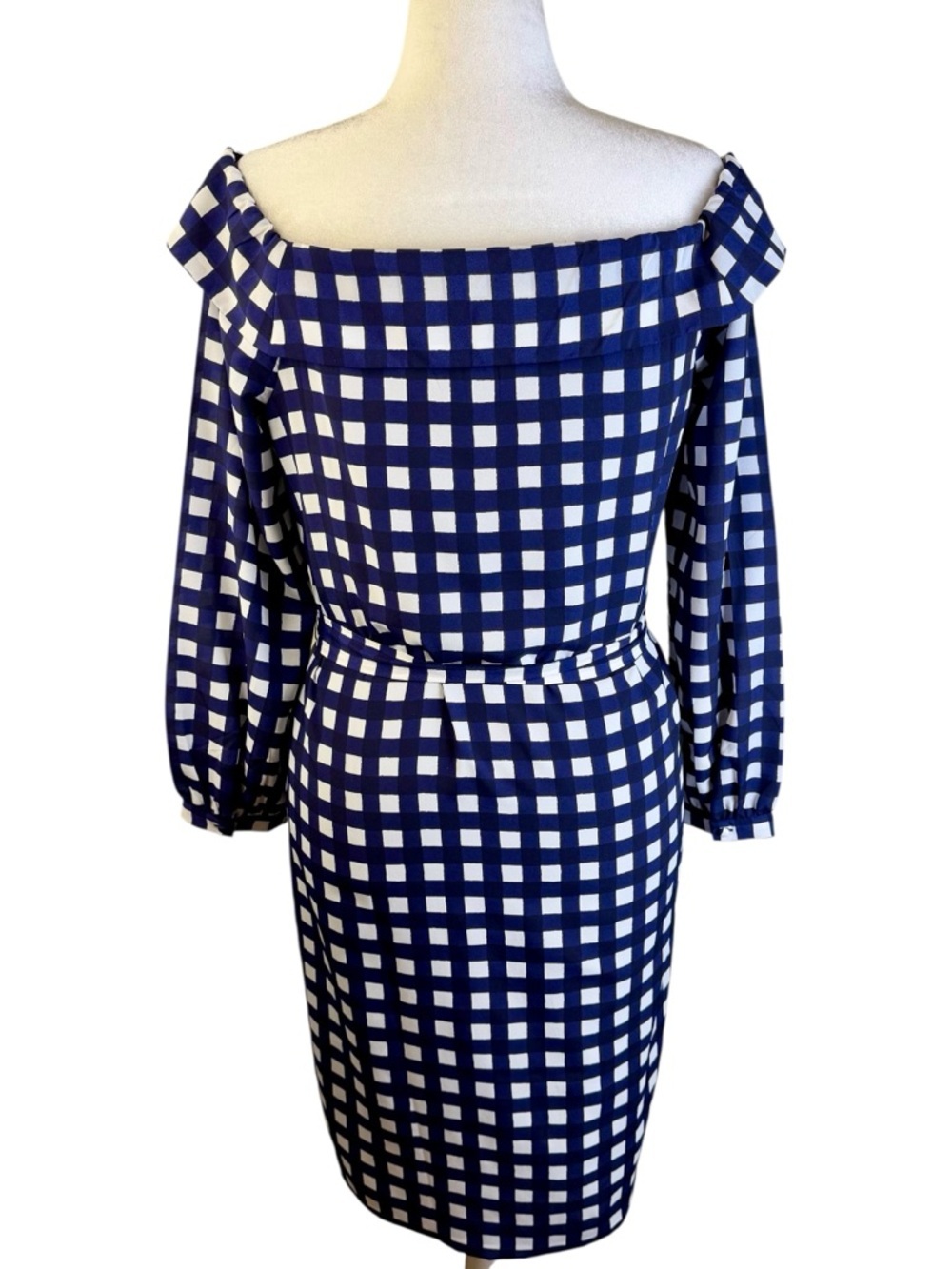 Banana Republic Navy and White Off-Shoulder Gingham Belted Dress Size M Tall - Picture 6 of 11